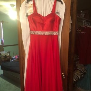 Red off the shoulder strap sherri hill dress